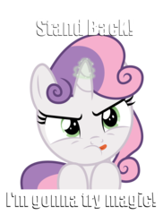 Size: 1250x1714 | Tagged: safe, artist:masem, sweetie belle, pony, unicorn, appleoosa's most wanted, g4, my little pony: friendship is magic, female, filly, foal, glowing, glowing horn, horn, image macro, magic, meme, simple background, solo, stand back i'm going to try science, sweetie belle's magic brings a great big smile, this will end in tears, this will end in tears and/or death and/or covered in tree sap, transparent background