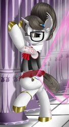 Size: 1024x1883 | Tagged: safe, artist:saddnesspony, raven, pony, unicorn, g4, against wall, bipedal, body writing, butt, clothes, ear piercing, female, glasses, jewelry, mare, pencil, piercing, plot, ring, shoes, skirt, solo