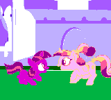 Size: 160x144 | Tagged: safe, artist:trojan horse, princess cadance, twilight sparkle, alicorn, pony, g4, 8-bit, canterlot, cute, dancing, female, filly, filly twilight sparkle, game boy color, mare, picture for breezies, sunshine sunshine, teen princess cadance, twilight sparkle (alicorn)