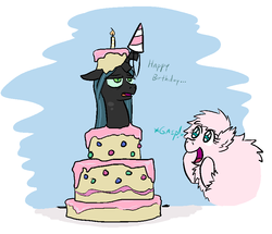 Size: 850x730 | Tagged: safe, artist:jargon scott, queen chrysalis, oc, oc:fluffle puff, g4, cake, dialogue, gasp, happy birthday, hat, party hat, popping out of a cake