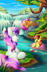 Size: 1100x1700 | Tagged: safe, artist:grennadder, apple bloom, scootaloo, sweetie belle, earth pony, pegasus, pony, unicorn, g4, ^^, adorabloom, bathing, blank flank, cute, cutealoo, cutie mark crusaders, diasweetes, eyes closed, female, filly, foal, inner tube, open mouth, open smile, outdoors, river, sitting, smiling, spread wings, swimming, swing, tree, water, waterfall, wet, wet mane, wings