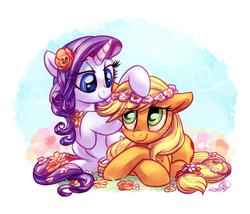 Size: 1225x1050 | Tagged: safe, artist:whitediamonds, applejack, rarity, earth pony, pony, unicorn, rarijack daily, g4, bedroom eyes, duo, female, floral head wreath, flower, flower in hair, freckles, lesbian, mare, ship:rarijack, shipping, smiling