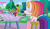 Size: 740x435 | Tagged: safe, screencap, rainbow dash (g3), scootaloo (g3), sweetie belle (g3), toola-roola, earth pony, pony, g3, g3.5, easel, female, hopscotch (game), intro, jumping, paintbrush, painting, rear view, sitting, stool, tree