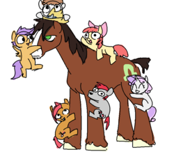 Size: 797x706 | Tagged: safe, artist:nobody, apple bloom, babs seed, scootaloo, super funk, sweetie belle, train tracks (g4), trouble shoes, appleoosa's most wanted, g4, climbing, cutie mark crusaders, ponies riding ponies, riding, sketch, unamused