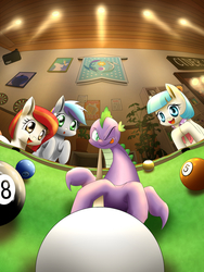 Size: 1200x1600 | Tagged: safe, artist:phoenixperegrine, coco pommel, spike, oc, oc:poniko, oc:rokuchan, dragon, earth pony, pony, g4, billiards, cathy weseluck, cue ball, dartboard, digital art, female, japan ponycon, male, mare, one eye closed, pixiv, pool cue, pool table, tongue out
