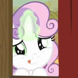 Size: 640x640 | Tagged: safe, screencap, sweetie belle, pony, unicorn, appleoosa's most wanted, g4, cute, determined, diasweetes, female, filly, glowing, glowing horn, horn, magic, magic aura, solo, sweetie belle's magic brings a great big smile, tongue out