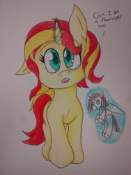 Size: 1944x2592 | Tagged: safe, artist:acespade777, sunset shimmer, pony, unicorn, g4, :o, cute, doll, female, filly, filly sunset shimmer, floppy ears, head tilt, levitation, looking at you, magic, shimmerbetes, telekinesis, toy, traditional art, younger