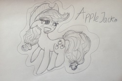 Size: 2310x1536 | Tagged: safe, artist:nicolelady, applejack, g4, blushing, happy, monochrome, outline, raised hoof, simple background, traditional art