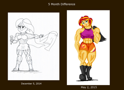 Size: 1280x931 | Tagged: safe, artist:pandatarius, sunset shimmer, equestria girls, g4, art evolution, female, midriff, muscles, solo, sunset lifter