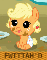 Size: 455x571 | Tagged: safe, applejack, apple family reunion, g4, babyjack, cute, image macro, meme, triggered