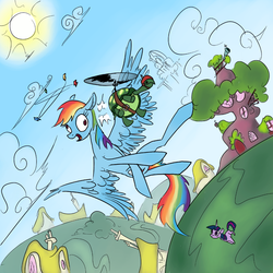 Size: 1000x1000 | Tagged: dead source, safe, artist:php15, rainbow dash, tank, twilight sparkle, g4, crash, dizzy, flying