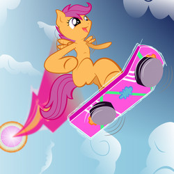 Size: 2048x2048 | Tagged: safe, artist:baumkuchenpony, artist:kmanalli, scootaloo, semi-anthro, g4, back to the future, female, high res, hoverboard, solo, sonic rainboom