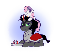 Size: 1055x965 | Tagged: safe, artist:invertigo, king sombra, sweetie belle, pony, g4, :p, crown, cute, diasweetes, eyes closed, fanfic art, floppy ears, frown, king sombra is not amused, looking at you, ponies riding ponies, pony hat, reference, riding, smiling, sombradorable, sweetie belle riding sombra, sweetie's shadow, sweetiehat, tongue out, unamused