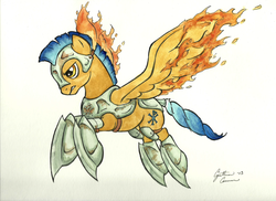 Size: 3466x2517 | Tagged: safe, artist:dracontiar, oc, oc only, oc:gallant flame, pegasus, pony, armor, blade, dirty, fire, flying, glare, gritted teeth, high res, male, solo, spread wings, stallion, weapon