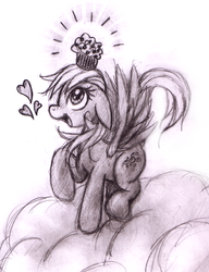 Size: 600x781 | Tagged: artist needed, source needed, safe, derpy hooves, pegasus, pony, g4, cloud, female, mare, monochrome, muffin, traditional art