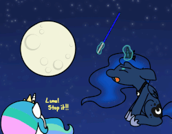 Size: 628x487 | Tagged: safe, artist:flutterluv, princess celestia, princess luna, series:flutterluv's full moon, g4, animated, female, floppy ears, frown, glare, lightsaber, magic, may the fourth be with you, moon, moon work, open mouth, sitting, tangible heavenly object, telekinesis