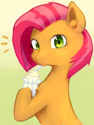 Size: 1026x1362 | Tagged: safe, artist:aisureimi, babs seed, g4, drinking, female, freckles, looking at you, looking back, smoothie, solo, surprised