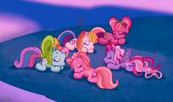 Size: 740x435 | Tagged: safe, screencap, cheerilee (g3), pinkie pie (g3), rainbow dash (g3), starsong, toola-roola, pony, g3, g3.5, twinkle wish adventure, night, sleeping