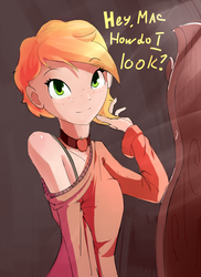 Size: 1000x1370 | Tagged: safe, artist:qweeli, applejack, human, g4, choker, cute, dialogue, female, haircut, humanized, jackabetes, solo