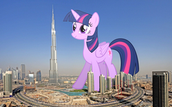 Size: 2368x1480 | Tagged: safe, artist:flutterbatismagic, twilight sparkle, alicorn, pony, g4, burj khalifa, downtown dubai, dubai, female, giant pony, giantess, highrise ponies, macro, mare, mega twilight sparkle, ponies in real life, smiling, solo, standing, the dubai mall, twilight sparkle (alicorn), united arab emirates