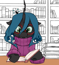 Size: 1559x1735 | Tagged: safe, artist:aisureimi, queen chrysalis, changeling, changeling queen, g4, book, clothes, cute, cutealis, dork, dorkalis, female, glasses, library, meganekko, solo, studying, sweater