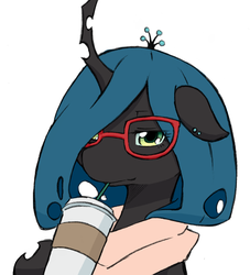 Size: 1341x1480 | Tagged: safe, artist:aisureimi, queen chrysalis, changeling, changeling queen, g4, bust, clothes, coffee, cute, cutealis, dork, dorkalis, ear piercing, female, glasses, piercing, portrait, scarf, solo, straw