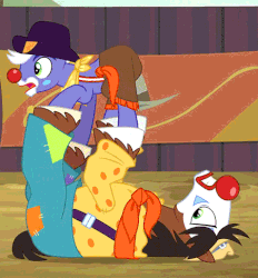 Size: 477x515 | Tagged: safe, screencap, roller bowler, trouble shoes, earth pony, pony, appleoosa's most wanted, g4, animated, duo, gif, male, rodeo clown, stallion, unshorn fetlocks