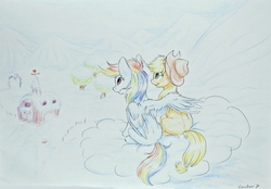 Size: 3673x2554 | Tagged: safe, artist:vincher b, applejack, rainbow dash, earth pony, ice pony, pegasus, pony, g4, barn, cloud, cloudy, cowboy hat, cute, drawing, female, hat, high res, hooves, hug, lesbian, mare, on a cloud, pencil drawing, ship:appledash, shipping, sitting, sitting on a cloud, sweet apple acres, traditional art, tree, wing hands, winghug, wings, winter