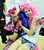 Size: 2024x2322 | Tagged: safe, pinkie pie, princess luna, human, rubronycon, g4, 2015, clothes, cosplay, cuddling, cute, high res, irl, irl human, photo, pink mane, plushie, pun, punk, punk pie, russian, sitting, snuggling