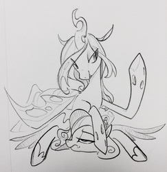 Size: 1242x1280 | Tagged: safe, artist:glacierclear, princess cadance, queen chrysalis, alicorn, changeling, changeling queen, pony, g4, female, monochrome, sketch, solo, traditional art