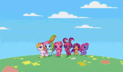 Size: 740x435 | Tagged: safe, screencap, cheerilee (g3), pinkie pie (g3), rainbow dash (g3), scootaloo, scootaloo (g3), starsong, toola roola, g3.5, g4, season 3, sleepless in ponyville, animated, female, intro, it's coming right at us, jumping, lip bite, nightmare, wide eyes