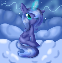Size: 3500x3600 | Tagged: safe, artist:drawinggirl11, princess luna, g4, cloud, cloudy, cute, female, filly, high res, magic, sitting, solo, wink, woona