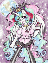 Size: 900x1176 | Tagged: safe, artist:oriwhitedeer, princess celestia, pony, semi-anthro, g4, bipedal, both cutie marks, cake, clothes, crossover, female, fork, hatsune miku, looking at you, shirt, skirt, socks, solo, spread wings, thigh highs, traditional art, vocaloid, world is mine