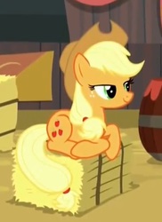 Size: 380x522 | Tagged: safe, screencap, applejack, earth pony, pony, appleoosa's most wanted, g4, applejack's hat, cowboy hat, cropped, cute, female, freckles, hat, hay bale, jackabetes, lidded eyes, mare, ponyloaf, prone, smiling, solo