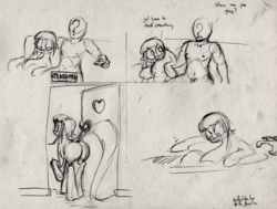 Size: 2189x1657 | Tagged: safe, artist:le chat tombe de la fenêtre, oc, oc only, oc:amber rose (thingpone), oc:anon, oc:thingpone, couch, implied experimenting, monochrome, nudity, traditional art
