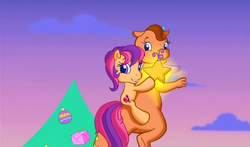 Size: 740x435 | Tagged: safe, screencap, scootaloo (g3), twinkle wish, whimsey weatherbe, dragon, earth pony, pony, g3, g3.5, twinkle wish adventure, christmas, christmas tree, holiday, looking at you, mount, mounting, ornament, ornaments, ponies riding dragons, riding, tree