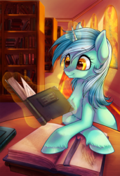 Size: 683x1000 | Tagged: safe, artist:limreiart, lyra heartstrings, pony, unicorn, fanfic:anthropology, g4, albert durer, book, chest fluff, crossed hooves, female, glowing horn, horn, library, magic, reading, russian, smiling, solo, telekinesis
