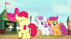 Size: 1282x715 | Tagged: safe, screencap, apple bloom, blues, cherry cola, cherry fizzy, noteworthy, scootaloo, sweetie belle, appleoosa's most wanted, g4, cutie mark crusaders, meme, youtube caption