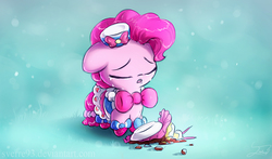 Size: 1359x800 | Tagged: safe, artist:sverre93, pinkie pie, g4, cake, chibi, clothes, crying, dignified wear, dress, female, filly, food, gala dress, sad, solo