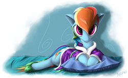 Size: 1637x1000 | Tagged: safe, artist:the1xeno1, rainbow dash, g4, tanks for the memories, backwards cutie mark, clothes, crying, female, looking at you, pillow, slippers, solo, tank slippers