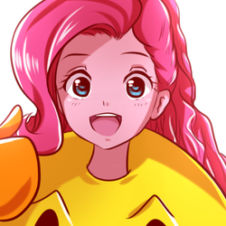 Size: 500x500 | Tagged: safe, artist:maidenofthebells, pinkie pie, equestria girls, g4, clothes, cosplay, costume, cropped, crossover, namco, pac-man, portrait, smiling, thumbs up