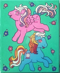 Size: 1024x1256 | Tagged: safe, artist:babyblueducky, bright eyes (twinkle eyed pony), locket (g1), twinkle eyed pony, g1, traditional art