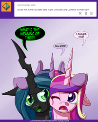 Size: 740x919 | Tagged: safe, artist:deusexequus, princess cadance, queen chrysalis, twilight sparkle, alicorn, pony, ask the princess of friendship with benefits, g4, female, infidelity, lesbian, mare, now kiss, ship:cadalis, shipper on deck, shipping, sisters-in-law, tumblr, twilight sparkle (alicorn), twilight the shipper