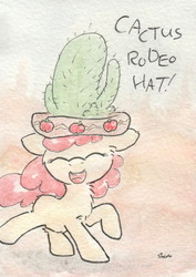 Size: 686x968 | Tagged: safe, artist:slightlyshade, apple bloom, appleoosa's most wanted, g4, cactus hat, female, giant hat, hat, solo, traditional art