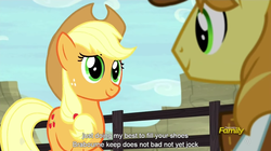 Size: 1278x714 | Tagged: safe, screencap, applejack, braeburn, earth pony, pony, appleoosa's most wanted, g4, brabourne, duo, female, male, mare, meme, stallion, youtube caption