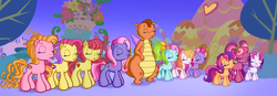 Size: 1243x435 | Tagged: safe, screencap, amberlocks (g3), apple spice, cheerilee (g3), fiesta flair, fizzy pop, pinkie pie (g3), rainbow dash (g3), scootaloo (g3), starsong, sweetie belle (g3), toola-roola, whimsey weatherbe, dragon, earth pony, pegasus, pony, unicorn, g3, g3.5, twinkle wish adventure, eyes closed, frown, g3 panorama, panorama