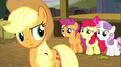 Size: 1283x714 | Tagged: safe, screencap, apple bloom, applejack, scootaloo, sweetie belle, appleoosa's most wanted, g4, cutie mark crusaders, meme, youtube caption