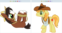 Size: 508x270 | Tagged: safe, braeburn, trouble shoes, derpibooru, appleoosa's most wanted, g4, my little pony: friendship is magic, broken leg, exploitable meme, frown, gritted teeth, hogtied, injured, juxtaposition, juxtaposition win, legs in air, meme, meta, on back, rope, tied up, wide eyes, younger