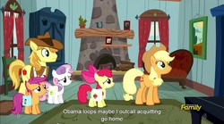 Size: 1281x713 | Tagged: safe, screencap, apple bloom, applejack, braeburn, scootaloo, sweetie belle, earth pony, pegasus, pony, unicorn, appleoosa's most wanted, g4, cutie mark crusaders, female, filly, foal, male, mare, meme, stallion, youtube caption