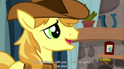 Size: 1281x713 | Tagged: safe, screencap, braeburn, earth pony, pony, appleoosa's most wanted, g4, male, meme, solo, stallion, youtube caption